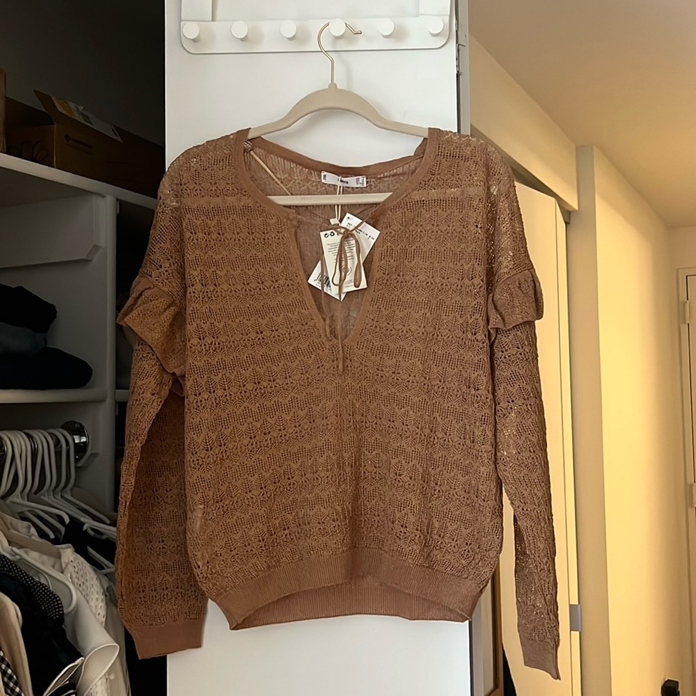 Mango MNG crochet ruffle sleeve sweater